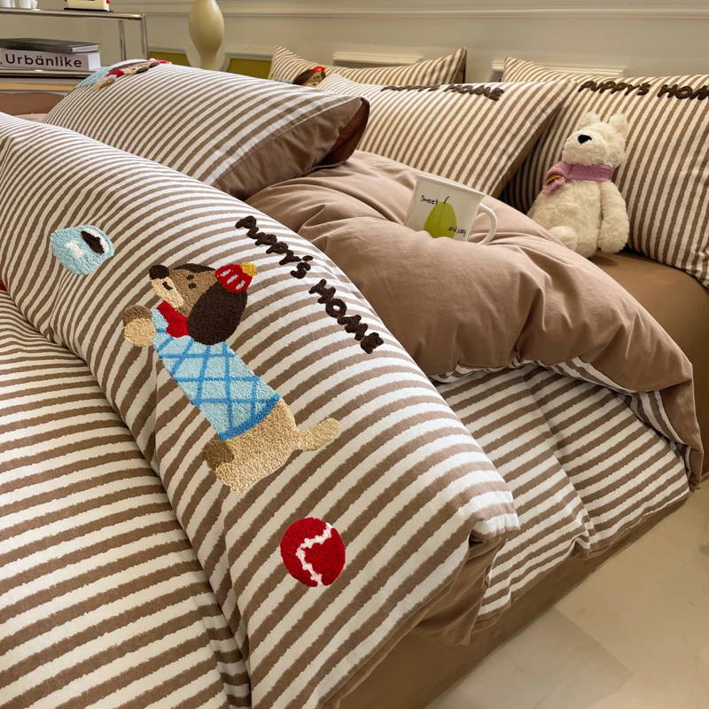 100%全棉毛巾绣磨毛床上四件套纯棉卡通单人宿舍被套罩床单三件套