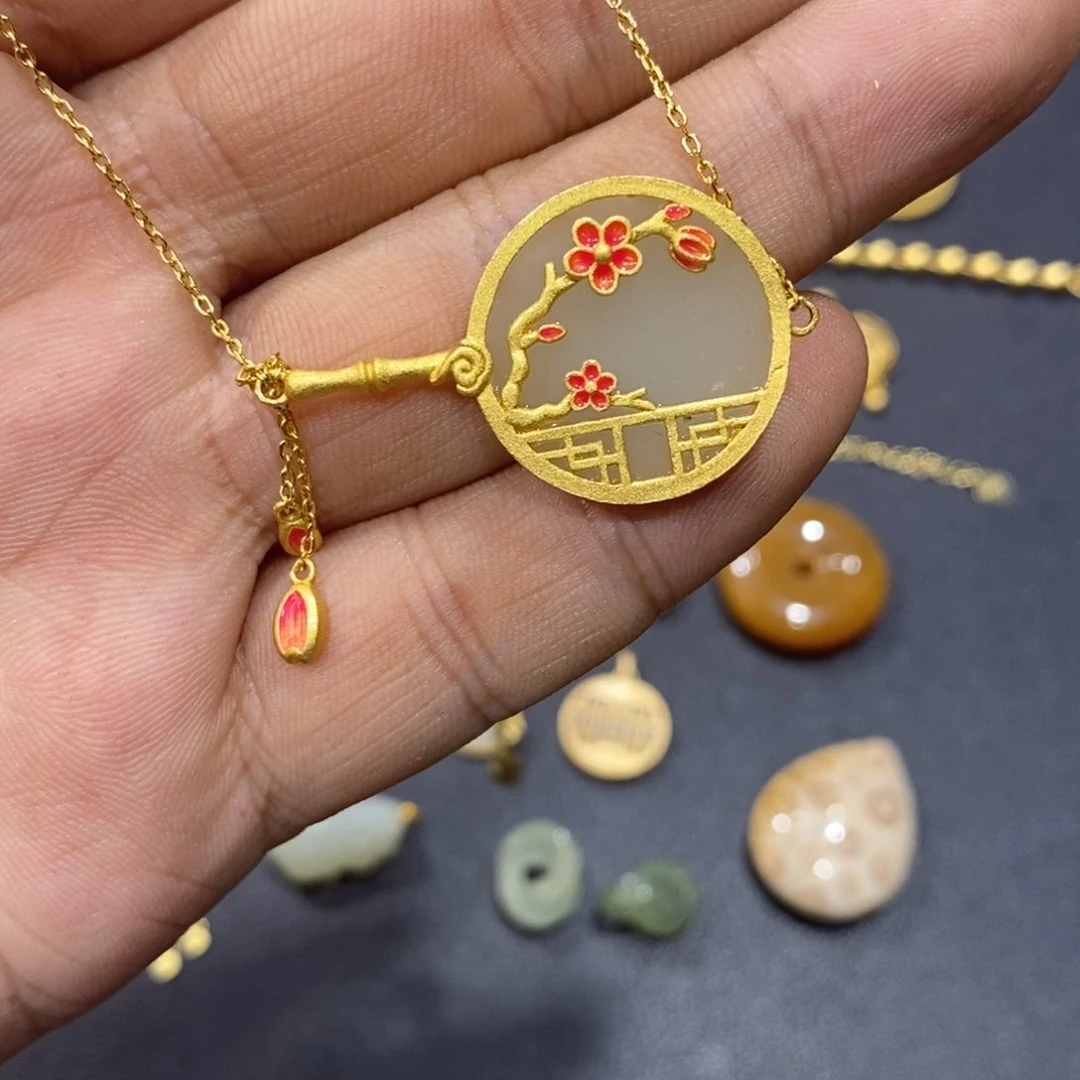 和田玉颈饰银S925镀金镶嵌