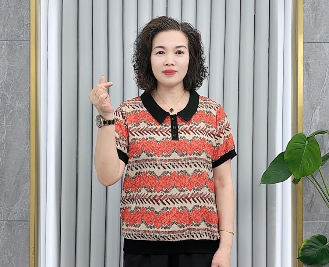 中老年妈妈洋气印花翻领雪纺衫夏季新款时尚透气显瘦百搭短袖t恤