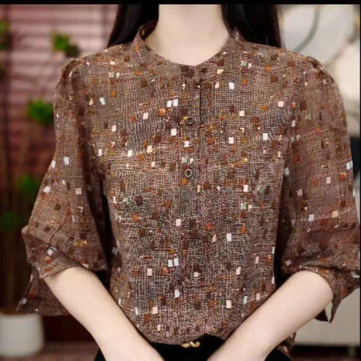 新款2025夏季冰爽优雅气质薄款高档感陆离斑驳定制遮肉显瘦女小衫