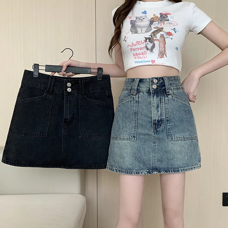 高腰牛仔A字半身裙2025夏装新款胖mm大码女复古百搭显腿长