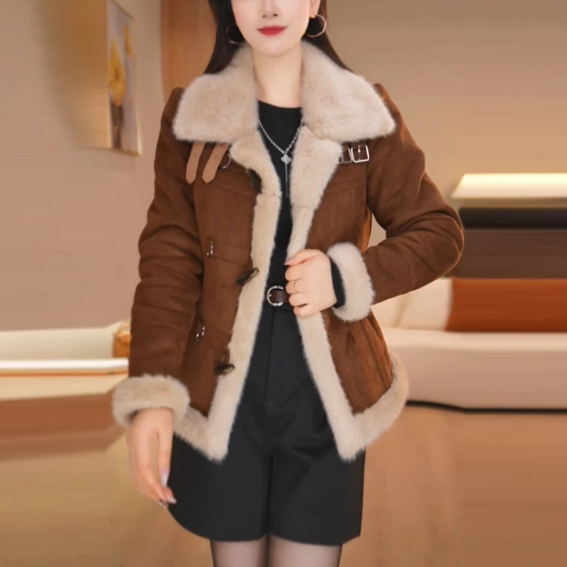 反皮绒加绒加厚保暖短款外套女2025冬季新款时尚轻奢显瘦气质上衣