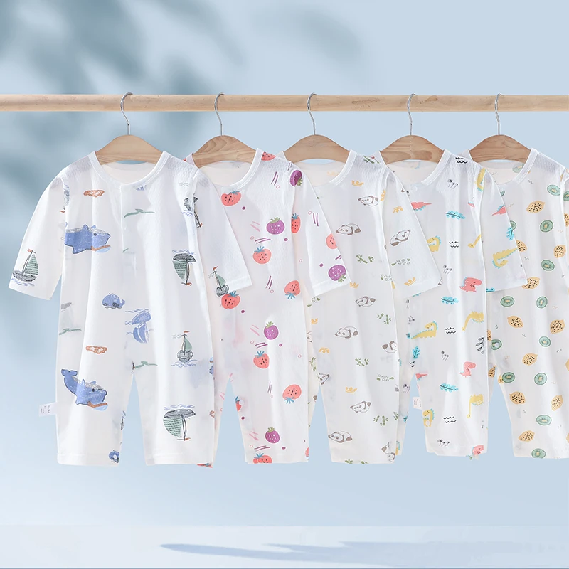 全棉网眼无骨爬服夏装女童家居服长袖哈衣透气春季婴儿和尚服幼儿