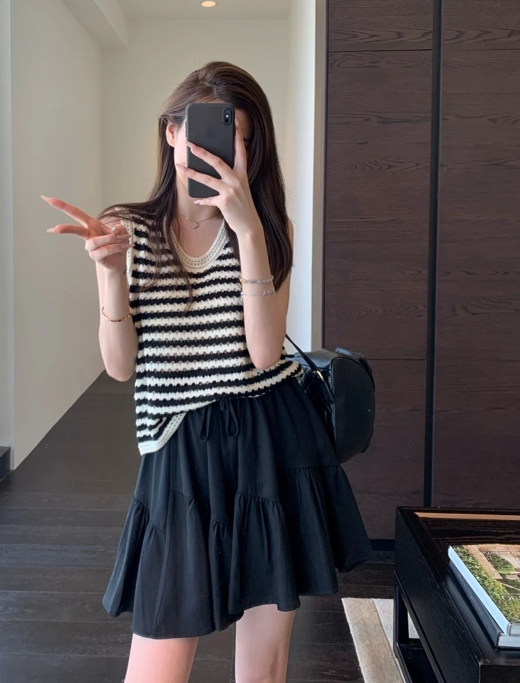 条纹针织吊带小背心女夏季外穿宽松法式内搭镂空打底无袖t恤上衣