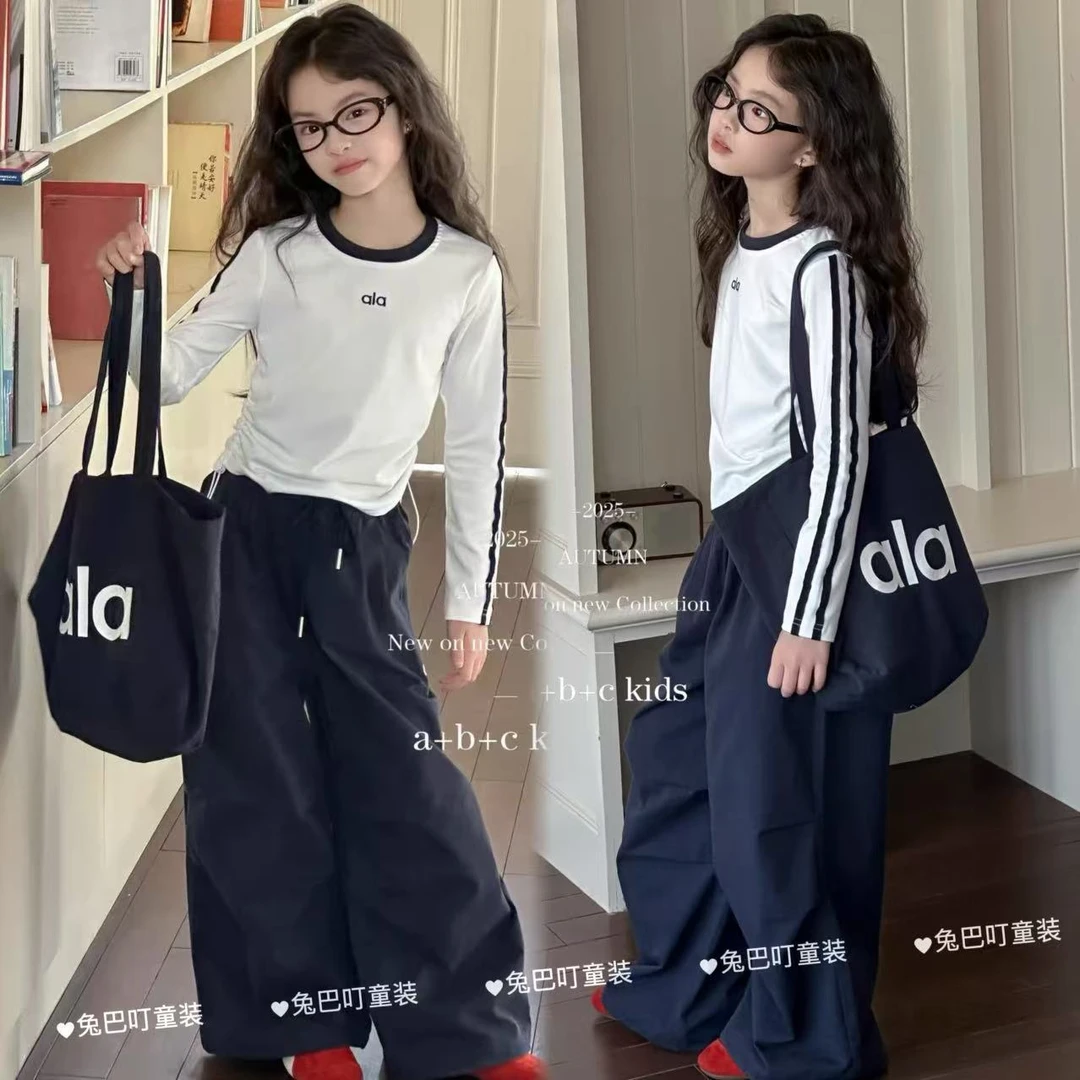 女童长袖伞兵裤套装2025新款春秋字母T恤工装裤阔腿裤时髦两件套
