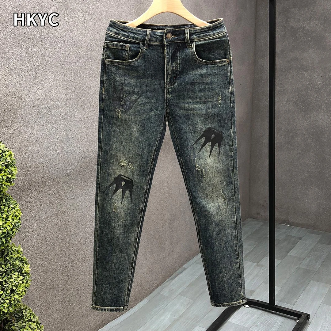 高端覆古做旧牛仔裤男春秋修身烟管裤子男士百搭直筒休闲青年长裤