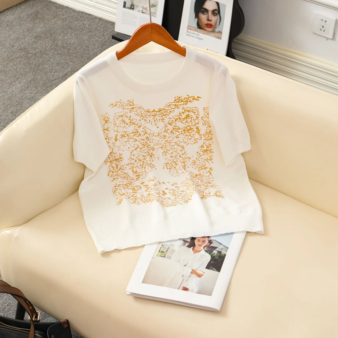【清仓福利】金蝴蝶花卉时尚感薄款短袖t恤正肩刺绣蝴蝶针织衫
