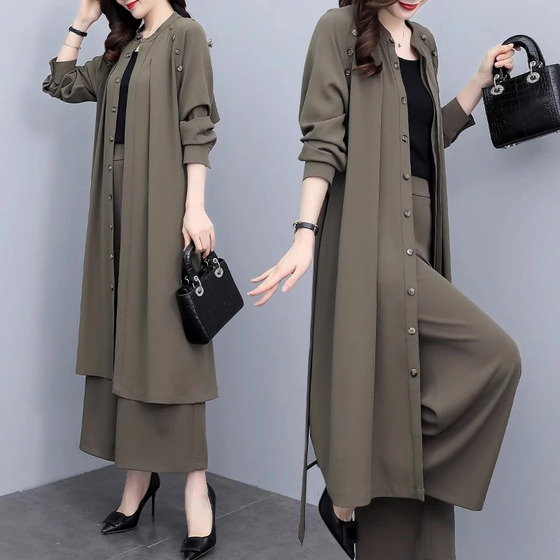 2025春夏新款大码女装中长款宽松外套阔腿裤两件套休闲时尚套装女