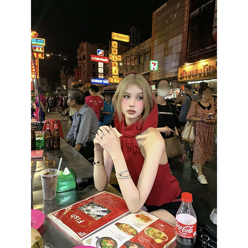 <3折>Tongiiuu◆无人区玫瑰 设计感废土风辣妹玫瑰挂脖连帽上衣夏