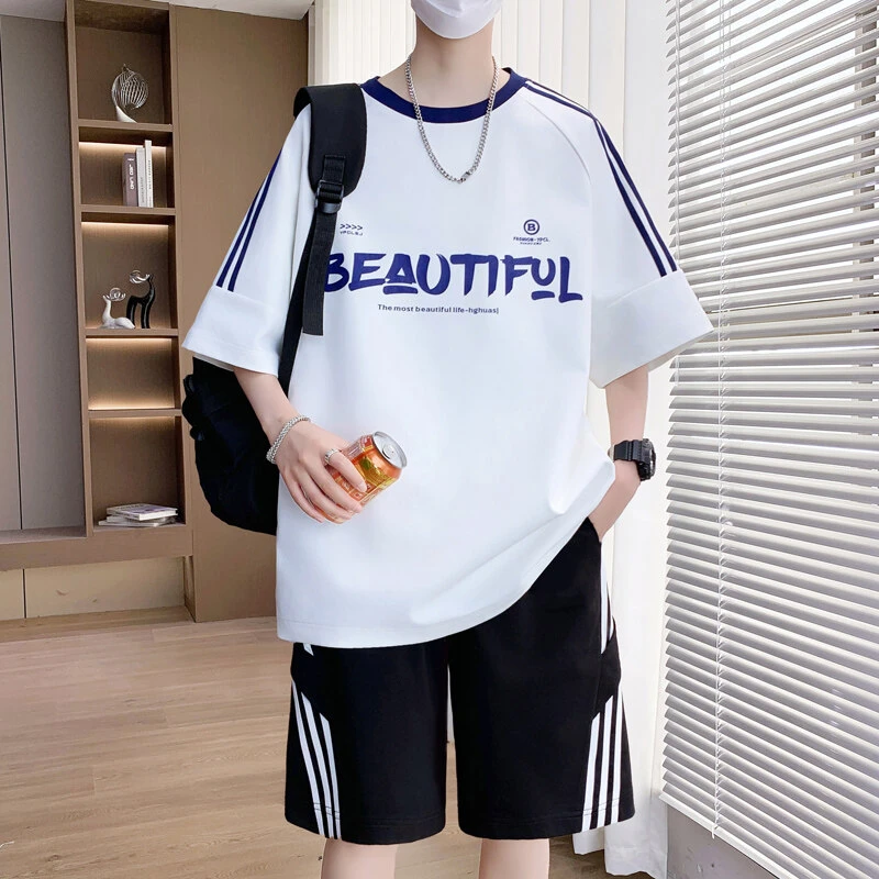 夏季圆领短袖t恤男士套装2025新款青少年印花整套打底衫两件套潮