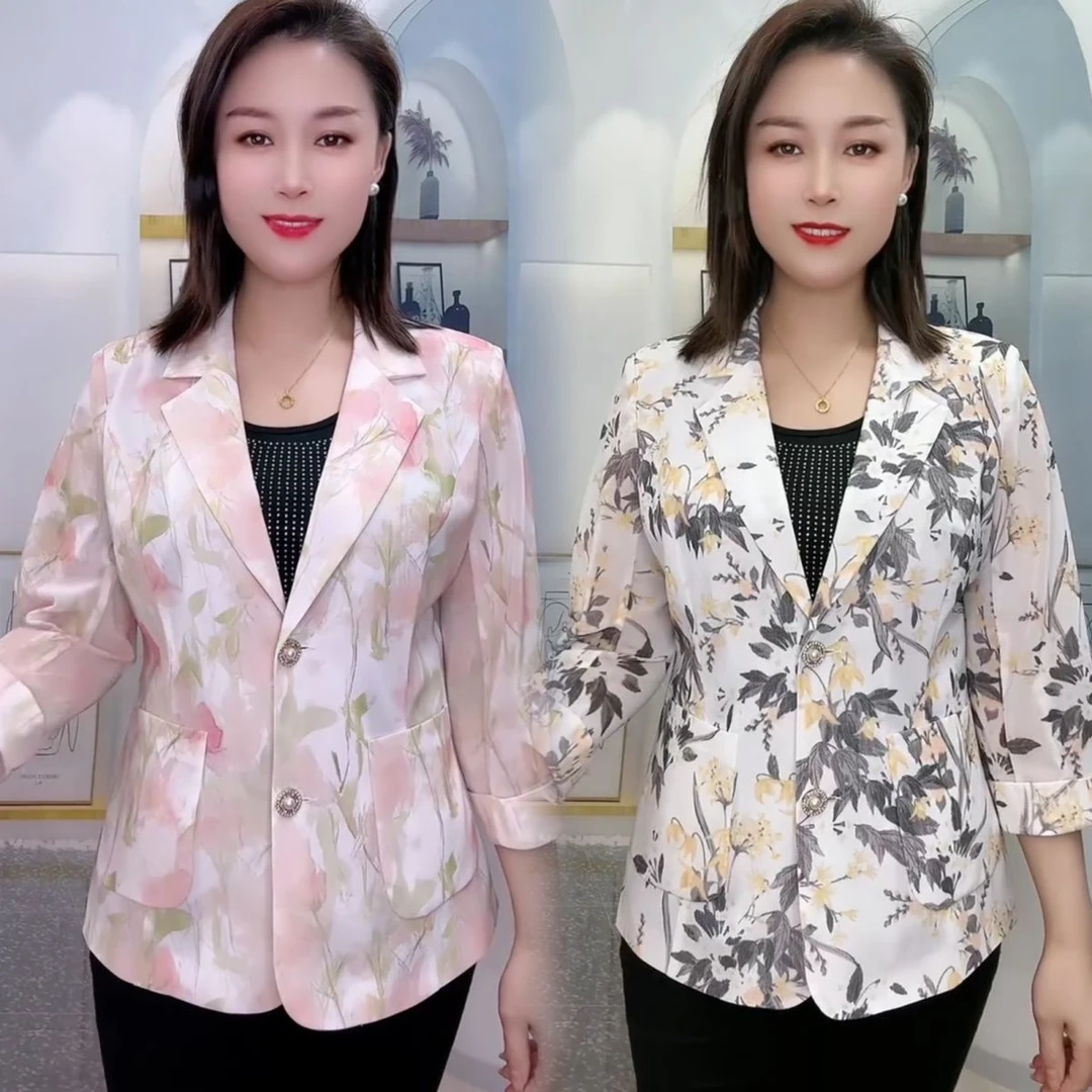 2025新款网纱夏季外套妈妈洋气西装时尚上衣短款百搭玫瑰印花西服
