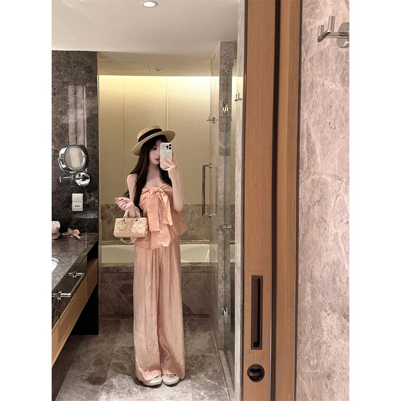 夏季穿搭套装一整套设计感露肩抹胸上衣高腰宽松长款阔腿裤两件套