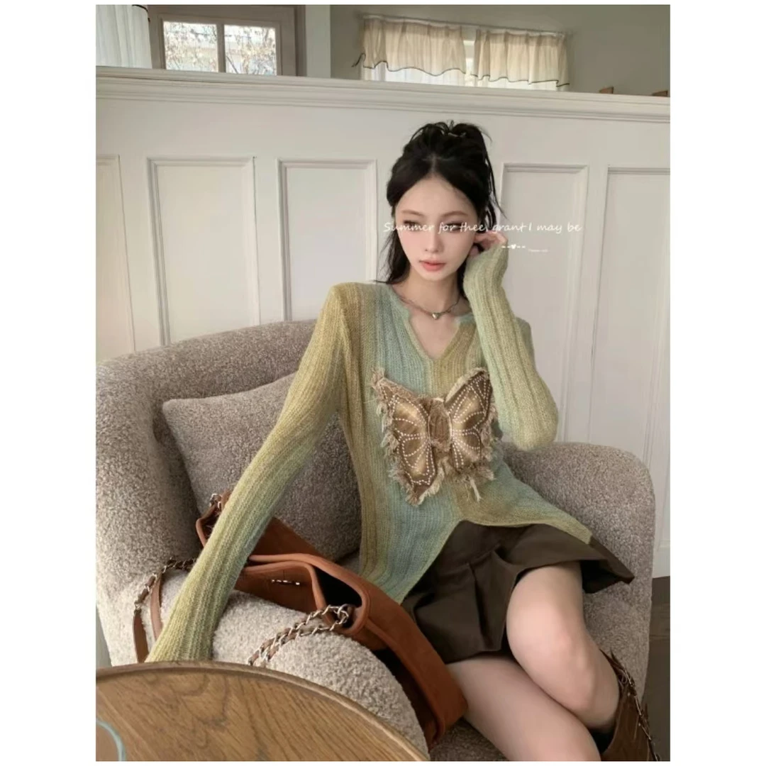 C21美式立体蝴蝶贴布针织衫渐变毛衣女设计感百搭复古长袖V领上衣