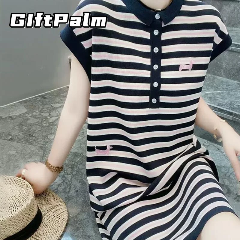GiftPalm夏季新款高级感翻领条纹连衣裙卡通短袖针织裙中长款订单