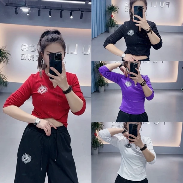 C新品5001款亮晶晶弹力棉修身长袖T