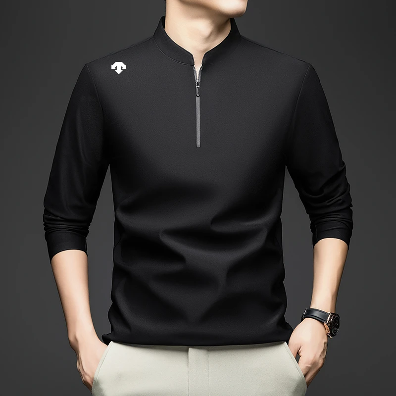 迪桑家秋季纯色长袖拉链立领男士T恤POLO衫简约免烫休闲时尚上衣