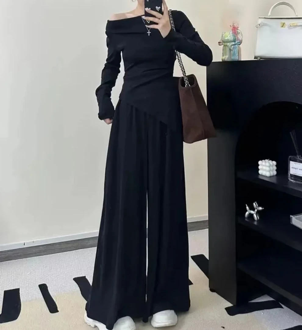 【大脸】辣妹套装女时尚不规则一字肩+休闲阔腿裤（509）