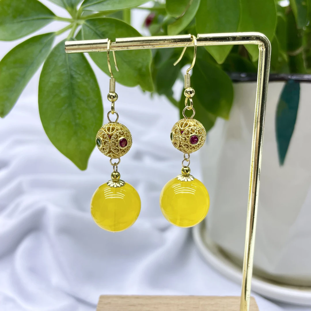 合金树脂耳饰 蜜黄色国风耳环女S925银勾16mm百搭复古国风耳饰461