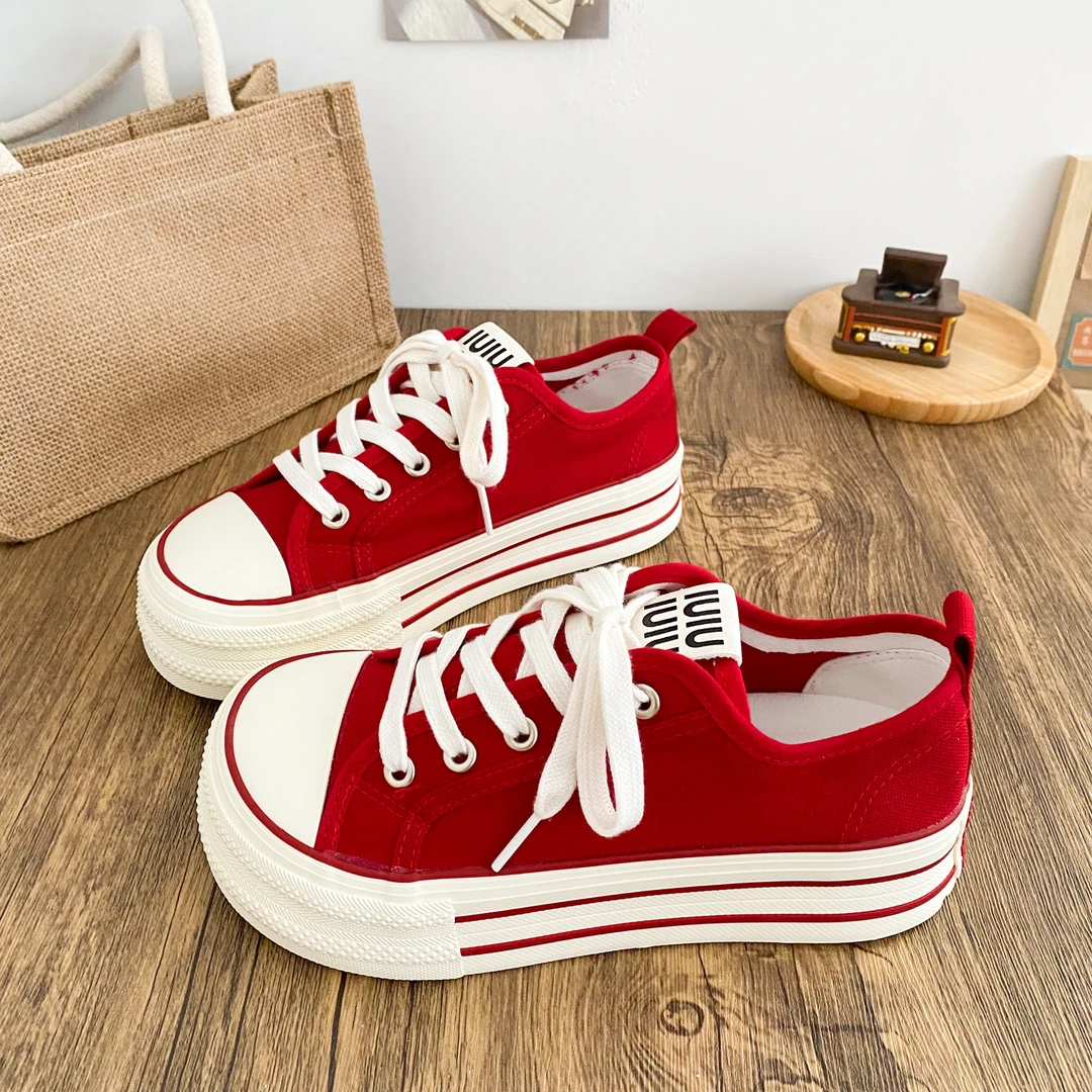 红色芒果头厚底帆布鞋女2025夏季新款大头百搭增高板鞋薄款小白鞋