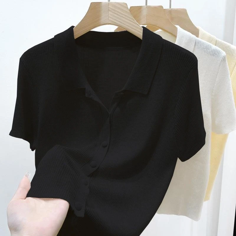 法式薄款Polo领针织衫女夏季气质显瘦短袖小个子百搭短款开衫上衣