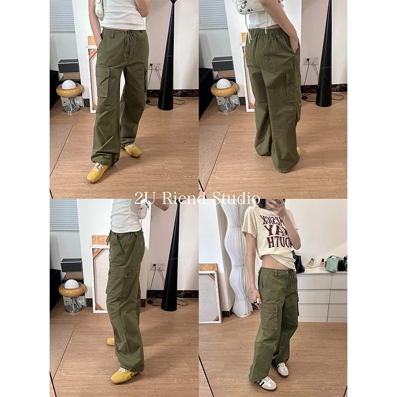 军绿色休闲裤工装裤女春秋新款韩版时尚百搭抽绳直筒阔腿裤长裤