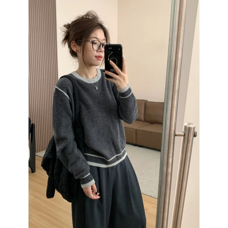 JMHH【碰撞】100绵羊毛拼色毛衣女秋冬韩版宽松显瘦休闲长袖上衣