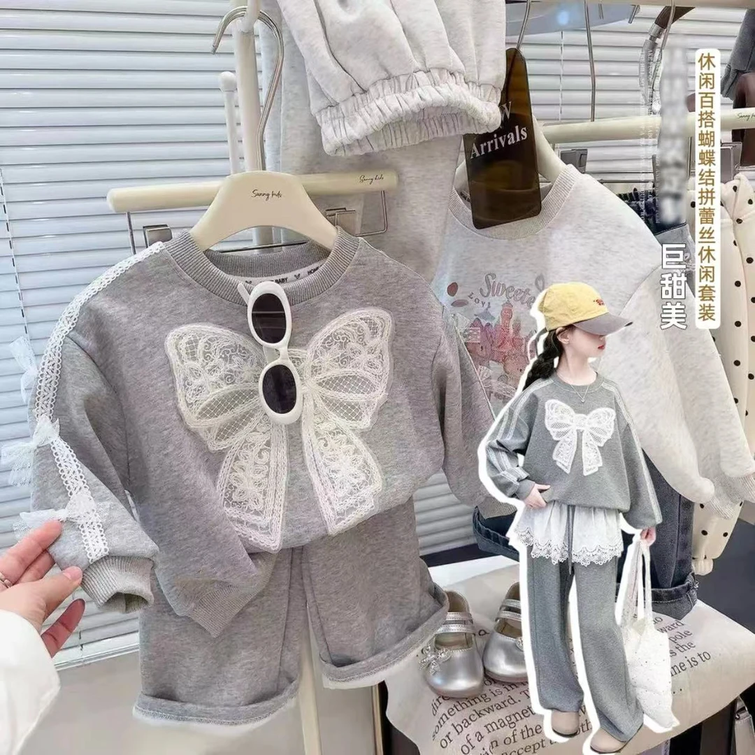 韩系童装2025春款女宝宝蝴蝶结卫衣卫裤两件套女童套装潮