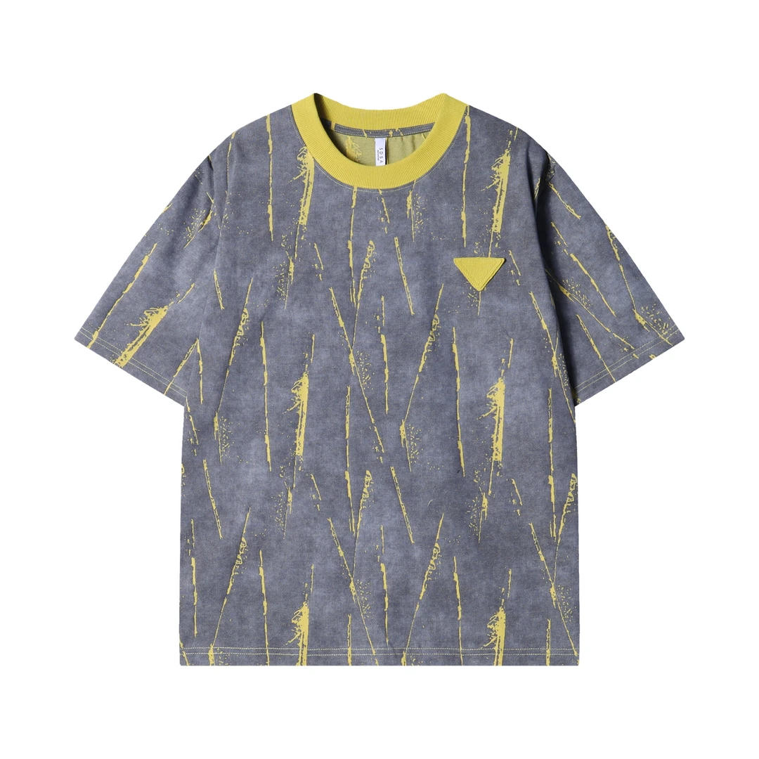 T2190新款时尚个性韩版撞色倒三角圆领短袖T恤百搭情侣套头上衣