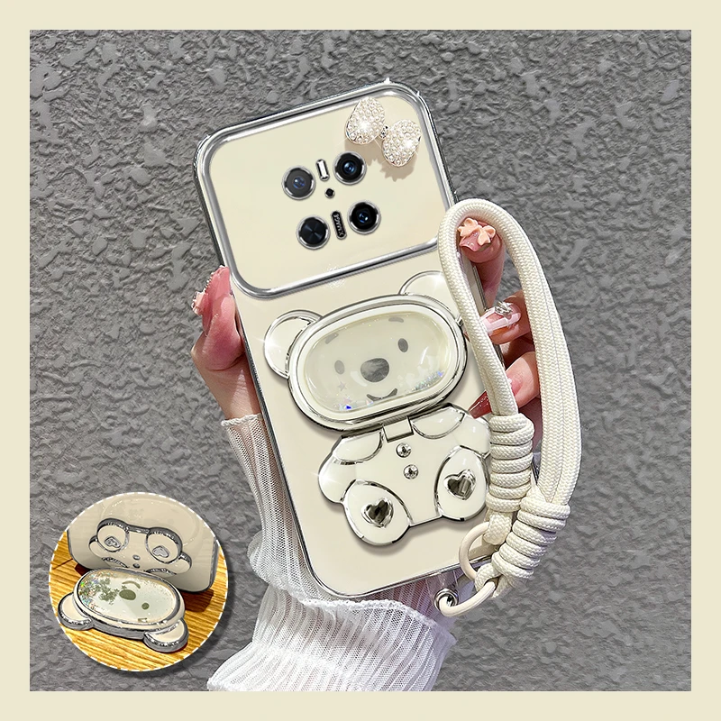 适用【荣耀magic7/pro】手机壳新款流沙熊镜子支架女蝴蝶结防摔硅胶