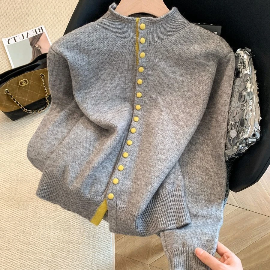 秋冬洋气针织开衫撞色立领外穿上衣女大码宽松慵懒风韩版毛衣外套