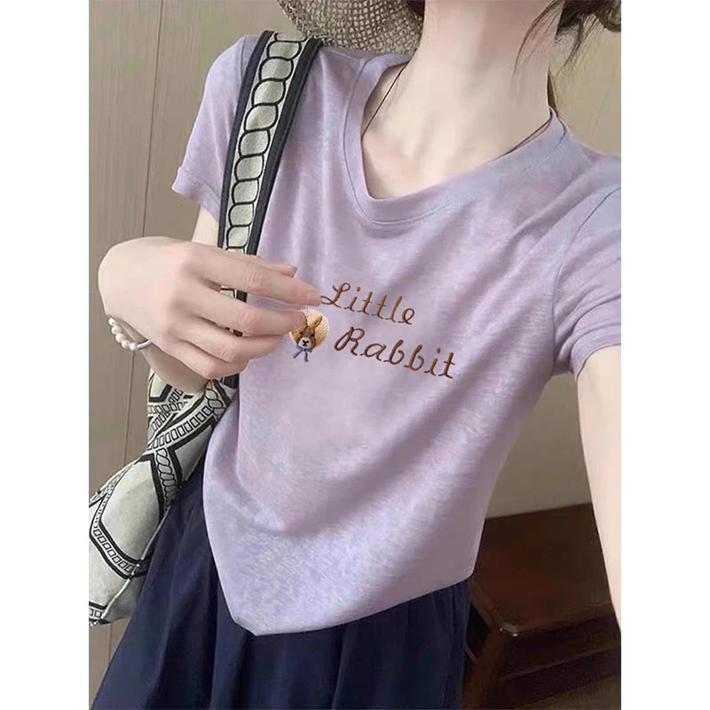 正肩浅紫色圆领短袖雪花棉T恤女夏季爆款时尚百搭减龄洋气上衣打