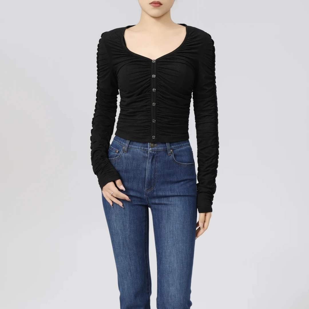 AMASS/阿玛施新款设计感捏褶衬衫优雅修身V领精致女上衣5301067