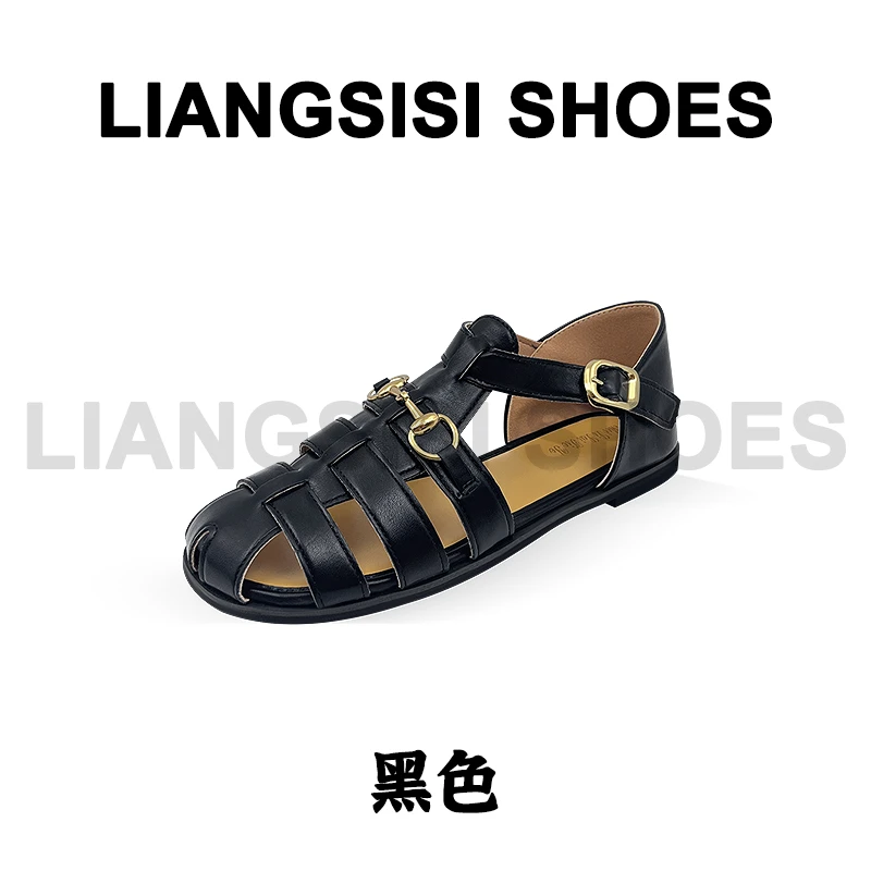 (P)梁思思SHOES2025夏季新款复古镂空编织扣带平底猪笼鞋-419