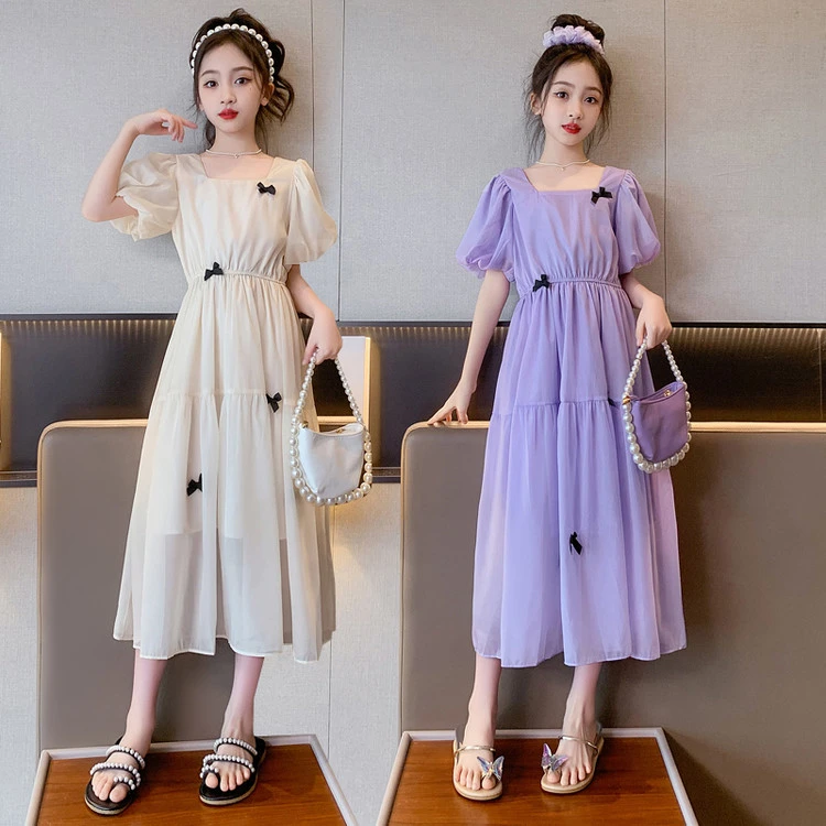 中大女童雪纺连衣裙2025新款裙子时髦泡泡袖公主裙长裙女孩沙滩裙