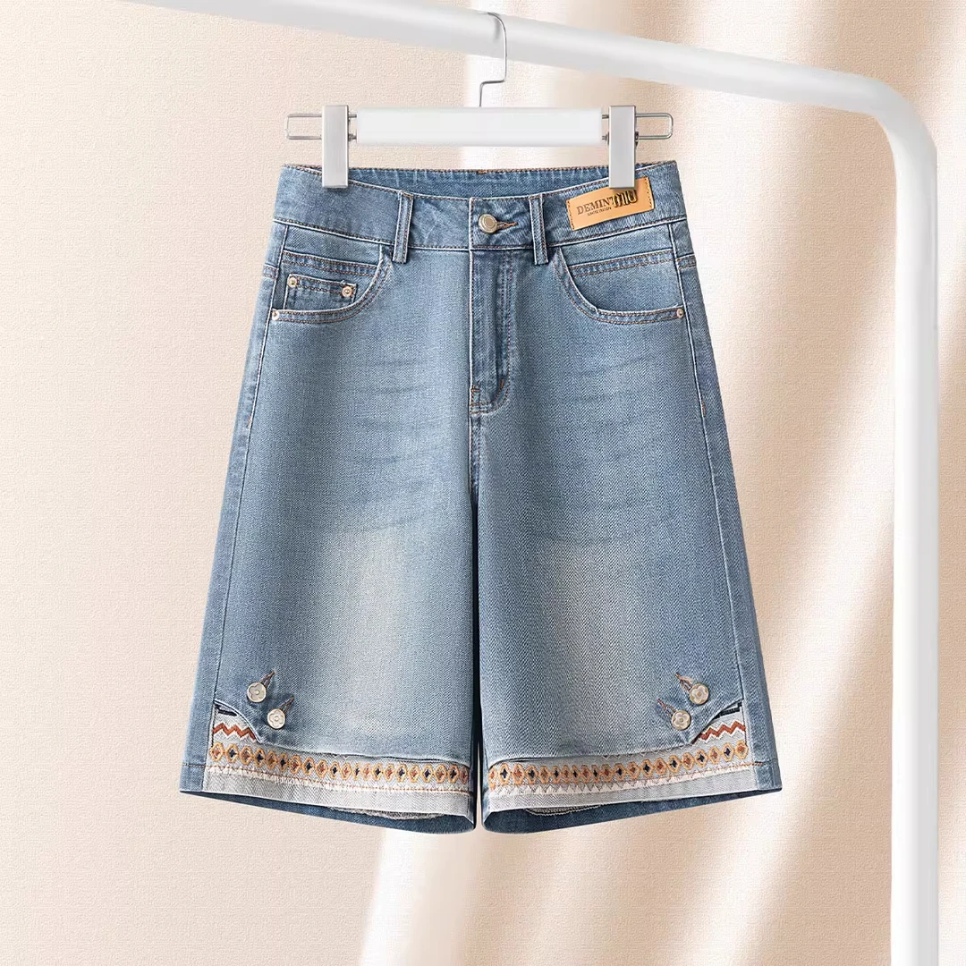 拉夏贝尔时尚蓝色刺绣牛仔裤夏季2025新款显瘦五分阔腿裤休闲短裤