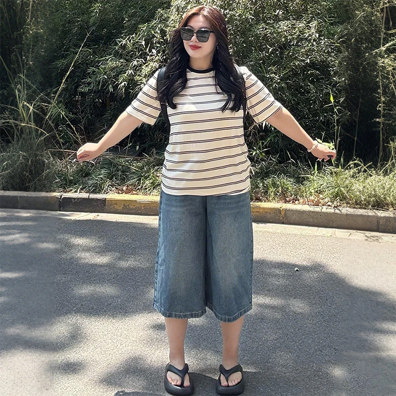300斤大码女装阔腿牛仔七分裤女夏季梨形身材胖mm宽松显瘦短裤子
