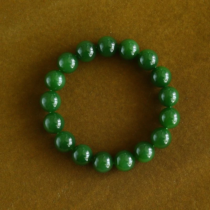 俄料和田玉碧玉圆珠约12mm素单圈男女通用款百搭手串菠菜绿