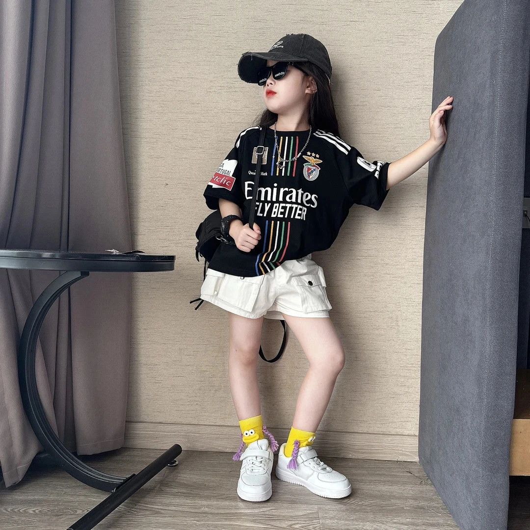 女童夏季休闲时尚工装棉布短裤中大童宽松短袖T恤衫