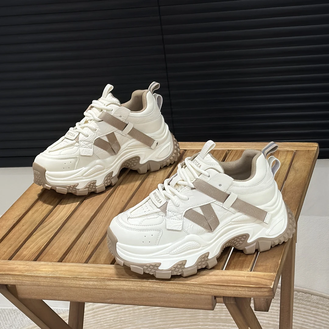 真皮老爹鞋女2025春季新款网面透气网鞋增高6cm小个子系带休闲鞋