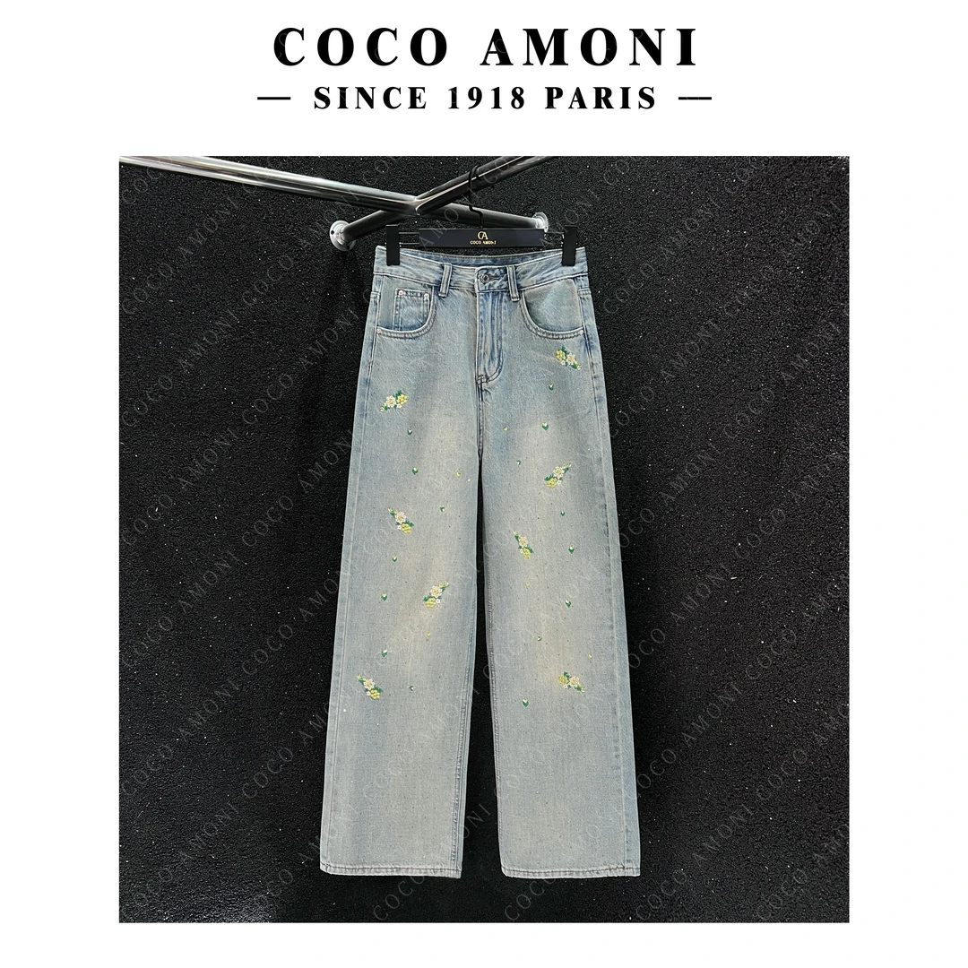 小清新绣花蓝色宽松阔腿裤垂感长裤拖地裤显瘦休闲牛仔裤女 GG048