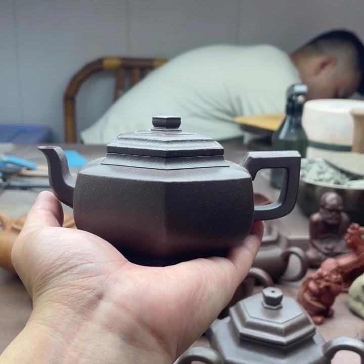 茶壶紫砂六方雪华，手磨料（天青）