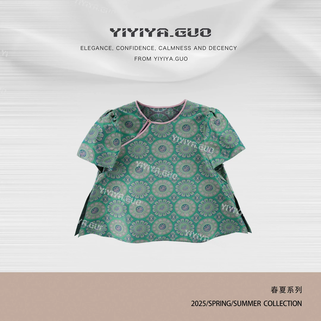 yiyiya.Guo艺艺吖新中式中国风圆领提花短袖上衣2029SS52