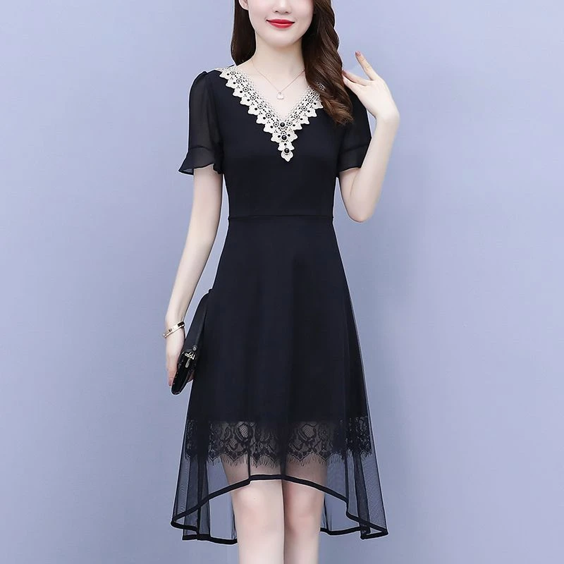 哥弟阿玛施正品大码女装2025夏季新款胖高端燕尾网纱拼接显瘦洋气