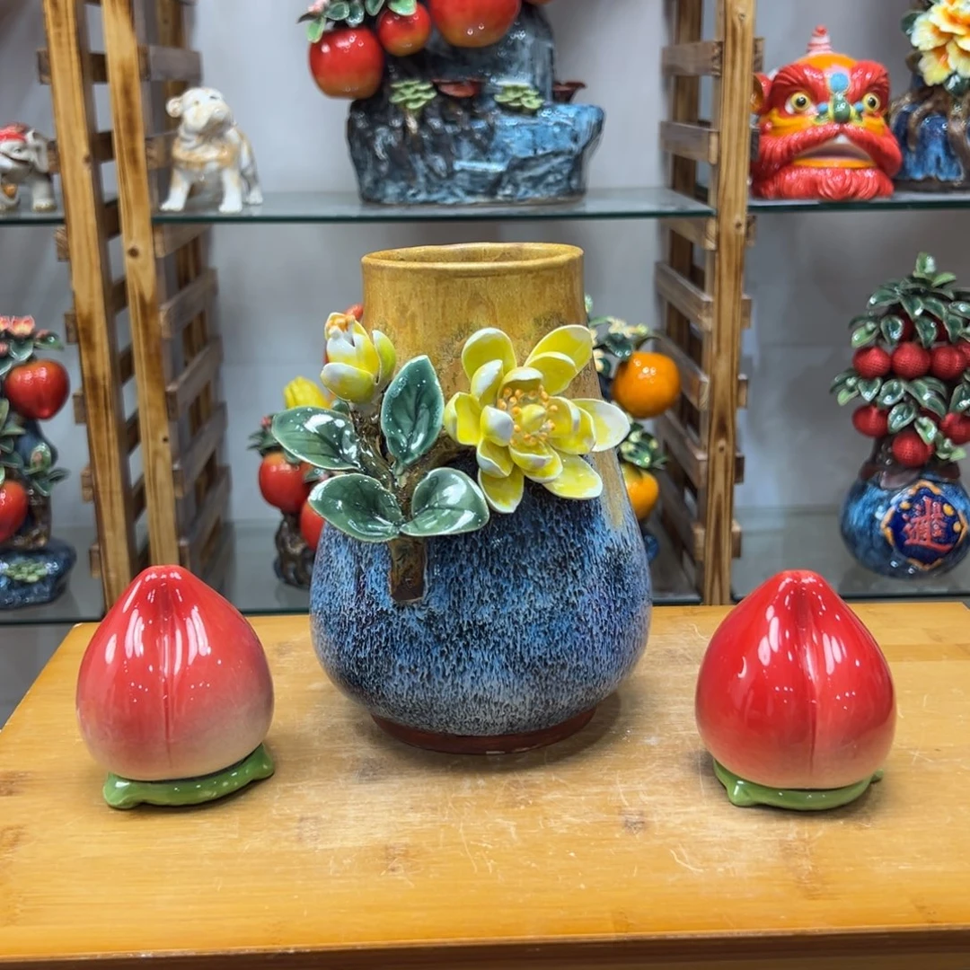 陶瓷玉兰花送桃子一对