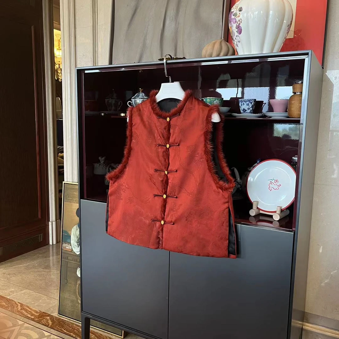 漫颜刘红色桑蚕丝马夹2023秋冬新款复古百搭无袖上衣