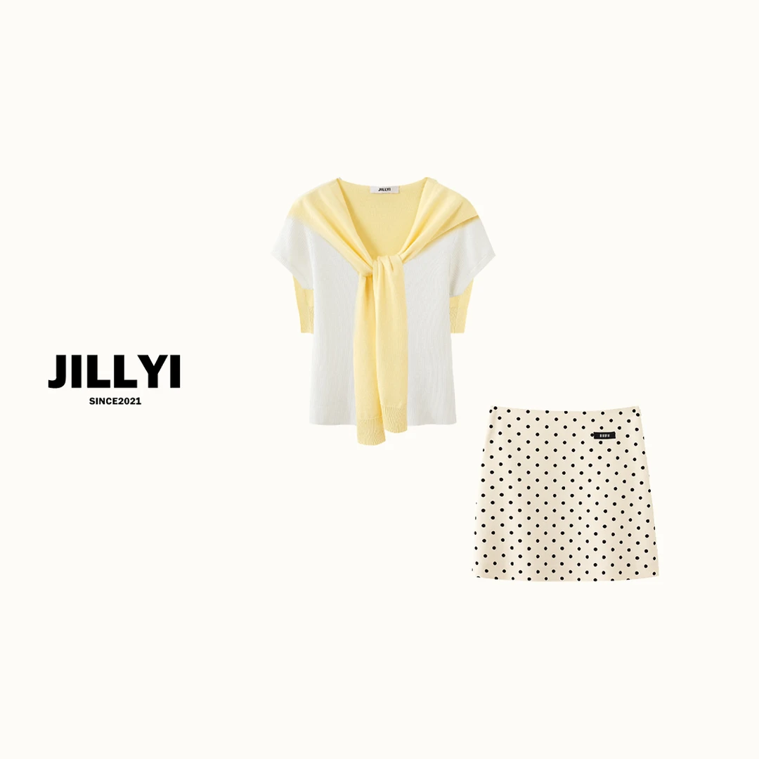 JILLYI珠海店【月光漫步三件套】针织上衣+海军披肩+波点半裙三件套