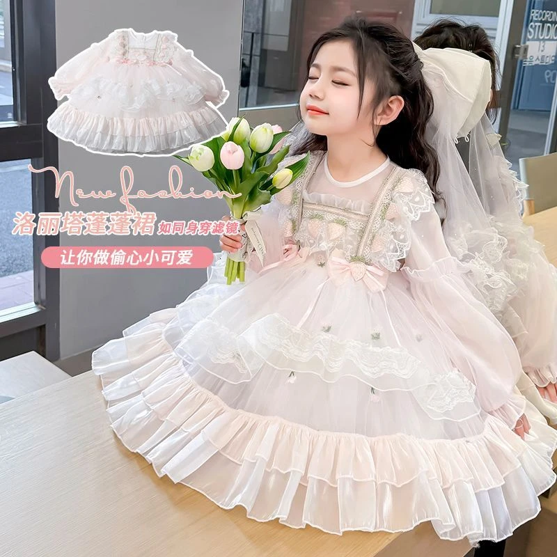 洛丽塔公主裙儿童春秋2025新款女童连衣裙长袖宝宝蓬蓬纱礼服裙子