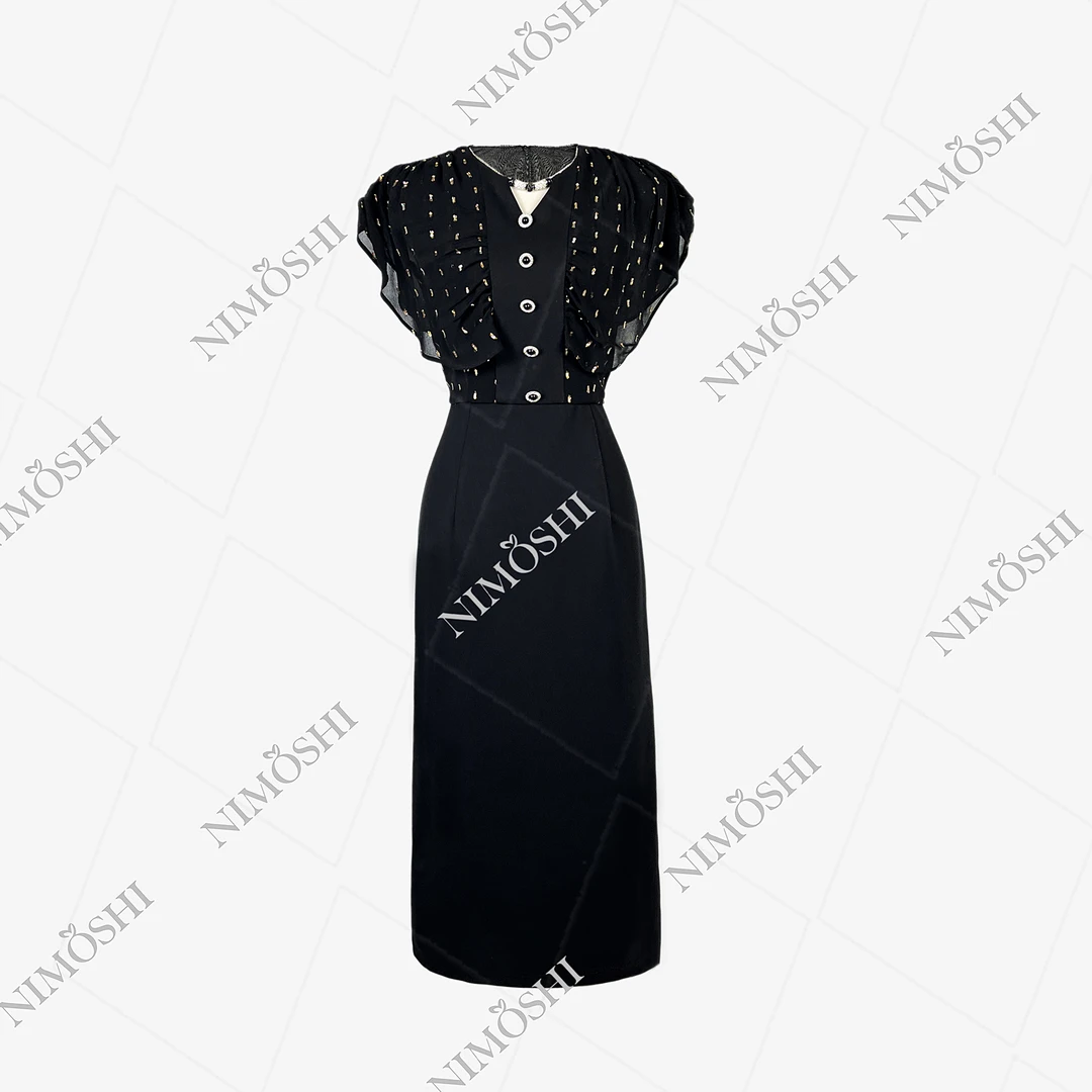 NIMðSHI【达妮】韩系飞飞袖褶皱设计网纱设计师优雅连衣裙Q1338