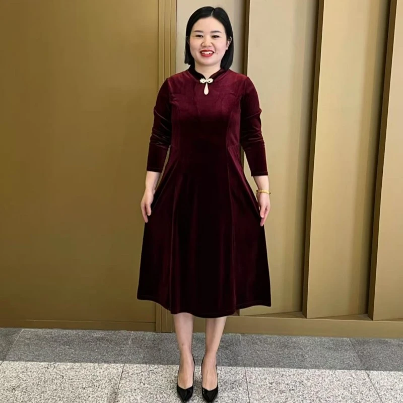 2025春季新款长袖丝绒连衣裙遮肉显瘦气质旗袍裙