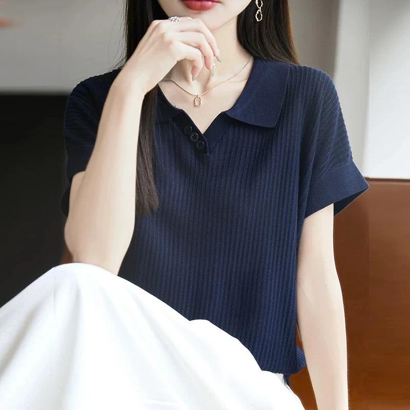 LB夏季显瘦翻领短袖时尚休闲百搭宽松气质莱赛尔天丝上衣